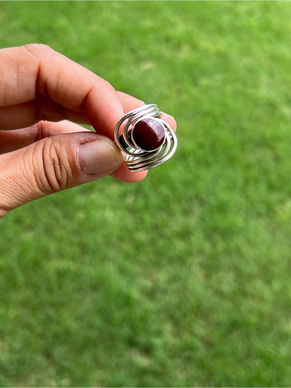 Sterling Silver Wire Wrap Ring with Deep Red Stone Statement Ring